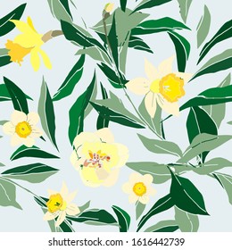 Seamless pattern with flower of narcissus and leaves. Tropical flowers vector illustration. EPS 10