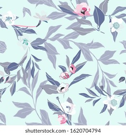 Seamless pattern with flower of narcissus and leaves. Tropical flowers vector illustration. EPS 10