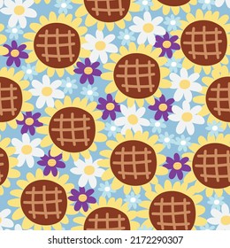 Seamless pattern of flower on blue background.Nature.Hand drawn.Image for card,poster,clothing.Repeat.Kawaii.Vector.Illustration.
