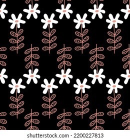Seamless pattern flower on a dark background, hand drawn cute flower chamomile daisy, vector illustration for design