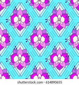 Seamless pattern with a flower orchid, rhombus and abstraction. It can be used for packaging, wrapping paper, textile, etc.
