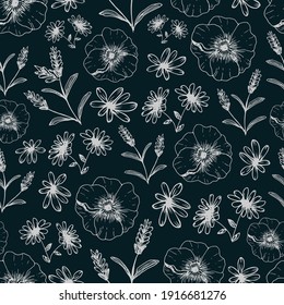 Seamless Pattern of Flower Outline Hand Drawn Illustration in Blue and White . Editable vector. Suitable for textile, background, decoration, texture, product packaging and others.