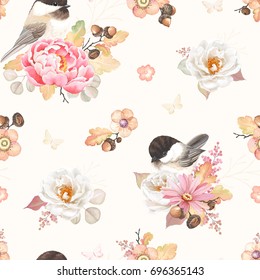 Seamless pattern with flower pink Peony, white Rose, oak branches, acorns and birds Black-capped Chickadee. Vector illustration in vintage watercolor style.
