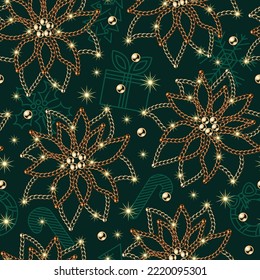 Seamless pattern with flower poinsettia made of jewelry gold, bronze chains, small stars, sparkles on green background. Christmas outline icons behind.