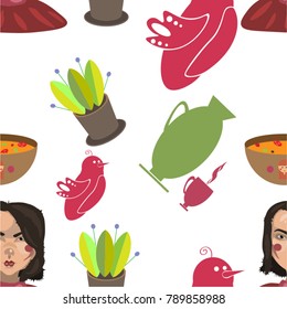 Seamless pattern with flower in pot, bird, girl, cup pitcher and plate of soup