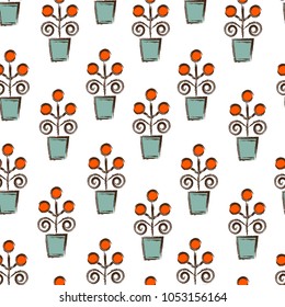 Seamless pattern of flower pots in ethnic style. Grunge vector illustrator.