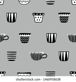 seamless pattern with flower pots on gray background. vector, illustration