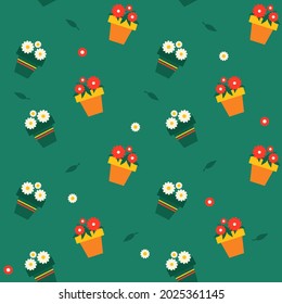 Seamless pattern with flower pots on green background. Design for fabric and paper, surface textures.