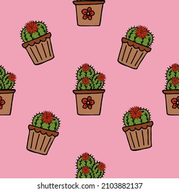 Patrón sin foco con с acti en macetas de flores sobre fondo rosado. Estilo Doodle. Imagen vectorial.
