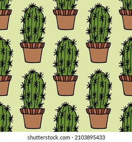 Seamless pattern with сacti in flower pots on light green background. Doodle style. Vector image.