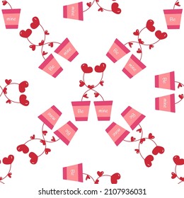 Seamless pattern flower pots. Plants are intertwined with each other. Blooming in the shape of heart. Text be mine. Valentines Day. Colorful vector illustration hand drawn white background
