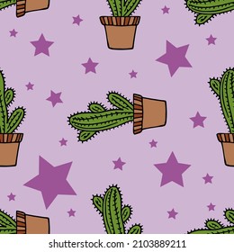 Patrón sin foco con с acti en macetas de flores y estrellas en fondo violeta claro. Estilo Doodle. Imagen vectorial.