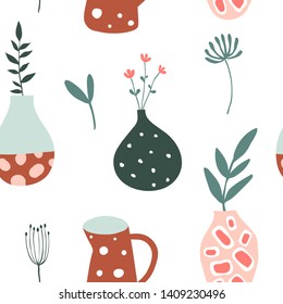 Seamless pattern with flower pots, vases and plants. Doodle floral illustration. Background with cute hand drawn elements. Interior, home decor. Vector colorful texture for modern textile, paper