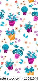 Patrón sin foco con macetas de flores.  Fondo de escritorio para el jardín. Ilustración vectorial.  Se puede usar papel pintado, fondo para banners, volantes, postales, diseño de ropa. 
