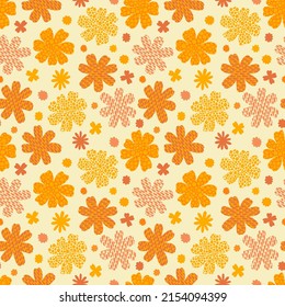 Seamless pattern flower retro 70-s. Vintage textile design fashion. Repeat hippie style.