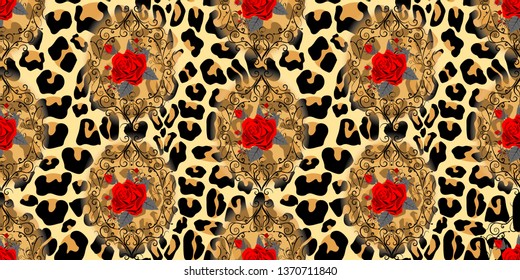 Seamless pattern with flower of roses on leopard skin background eps10