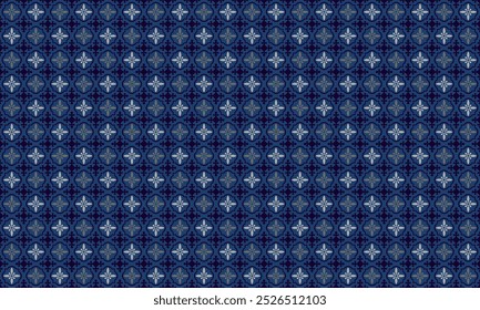 Seamless pattern with flower in round corner square,light gray n dark blue on blue background. Vector illustration. For  masculine shirt dress textile cloth print wallpaper cover decoration  backdrop 