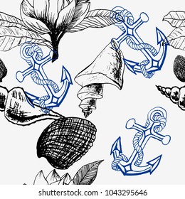 
Seamless pattern with flower and seashells, corals and starfishes. Marine background. Vector illustration in sketch style.  wrapping paper, textile, wedding and web design.
