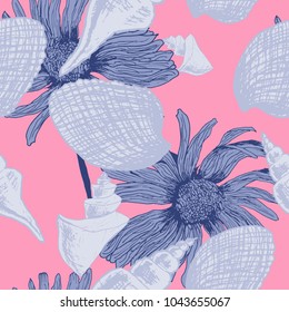 Seamless pattern with flower and seashells, corals and starfishes. Marine background. Vector illustration in sketch style.  wrapping paper, textile, wedding and web design.