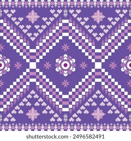 Seamless pattern, flower shape, heart shape, purple color, pixel shape, for sewing fabric patterns, woven work, contemporary patterns mixed with folklore. Various for use