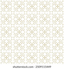 Seamless pattern with flower shapes consisting of intertwined golden thin lines on a white background. Suitable for various creative projects or decorative elements.