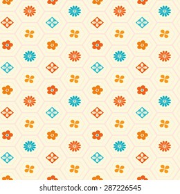 Seamless Pattern with Flower Shapes in Honeycomb Cells. Vector pattern for web, print, wallpaper, home decor, textile, wrapping paper, fabric and invitation backgrounds.