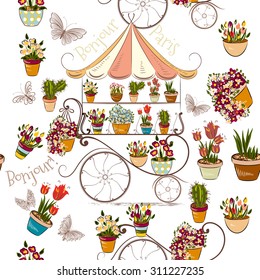 Seamless pattern with flower shop or boutique fully of flowers