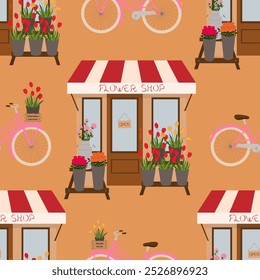 Seamless pattern with flower shops and bicycles