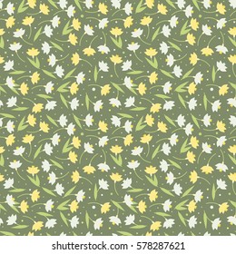 Seamless pattern. Flower spring background. Narcissus and snowdrops on a green background, vector illustration.