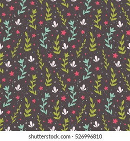 Seamless pattern with flower and stars on brown background. Floral background. Vector floral pattern in doodle style