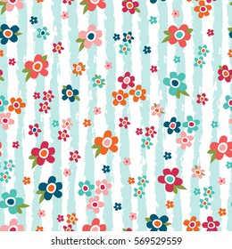 Seamless pattern with flower & stripes. Vector floral background.