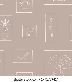 Seamless pattern with flower, tree, bird in frame, white stripes on brown background.