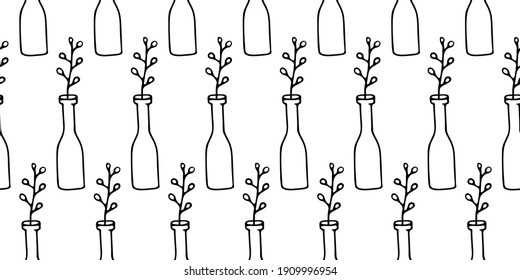 Seamless pattern with Flower in Vase with a narrow neck isolated on white. Vector illustration. Hand drawn simple element of interior. Willow Twig in a Vase. For greeting card, wrapping, book, textile