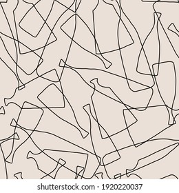 Seamless pattern with flower vases on the beige background in line art style