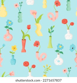 Seamless pattern with flower vases. Vector illsutration of blooming tulips, anemones and lily in vases of various shapes. Hand drawn elements in trendy flat style.