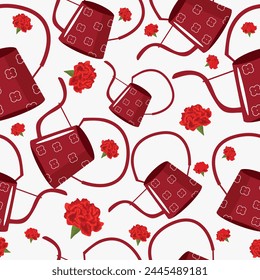 seamless pattern with flower watering can for plants and buds of red carnation, for posters banners or cards	