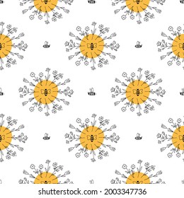 Seamless pattern with flower wreaths and bees. Linear hand drawn illustration with bright spot is perfect for honey design, beekeeper branding, floral wallpaper, wrapping paper, fabric textile