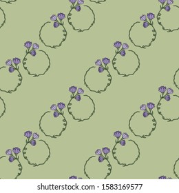 Seamless pattern with flower wreaths with violet flowers on green background 02.  Vector image. 