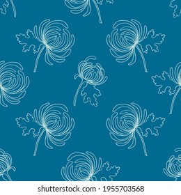 Seamless pattern from flowering branches of chrysanthemum, print in white outline on a blue background.