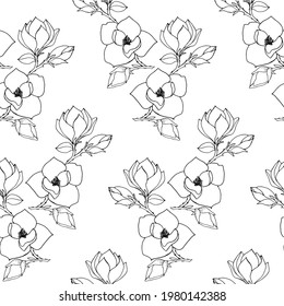 Seamless  pattern with flowering branches of magnolia, drawing in black outline on a white background.
