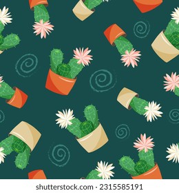 Seamless pattern of flowering cacti on a green background. Floral vector illustration.