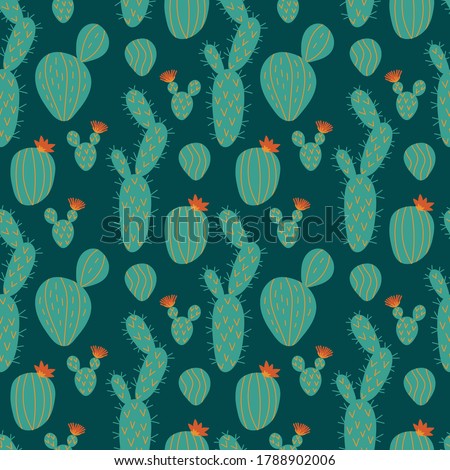 Seamless pattern of Flowering cacti and succulents . Cute Doodle style hand-drawn plants on a green background. Vector illustration