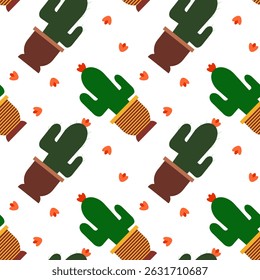 Seamless pattern with flowering cactus. A potted plant on a white background. Flat style. Vector illustration