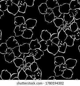 Seamless pattern with flowering jasmine branches on black background. Floral vector background.Line art. Monochrome.