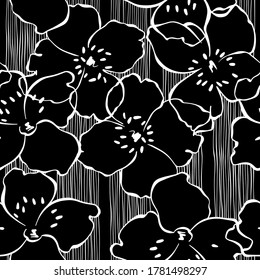 Seamless pattern with flowering jasmine branches on black background. Floral vector background.Line art. Monochrome.