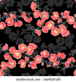 Seamless pattern with flowering quince branches . Floral vector background.