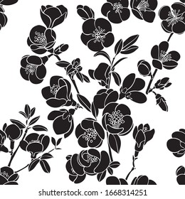 Seamless pattern with flowering quince branches on white background. Floral vector background. Silhouette. Monochrome.