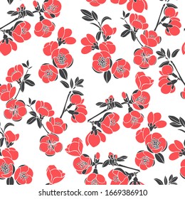 Seamless pattern with flowering quince branches on white background. Floral vector background.