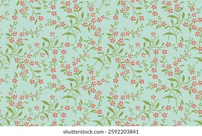 seamless pattern of flowering spring branches ,Vintage floral pattern. Rich ornament, old style pattern, Vintage hippie style. Cute floral pattern. Comely trendy dark pink flowers on green background.