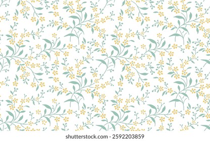 seamless pattern of flowering spring branches ,Vintage floral pattern. Rich ornament, spring Vintage hippie style. Cute floral pattern. Comely trendy yellow  flowers on white background.